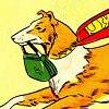 Collie with a superman cape carrying a purse