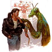 Man talking to giant mantis creature